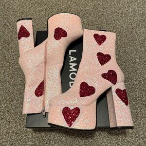 Dolls Kill Pink Glitter Heeled Boots with Red Hearts New never worn
